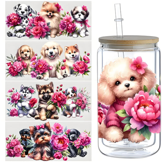 Dog hugging flower UV DTF cup sticker