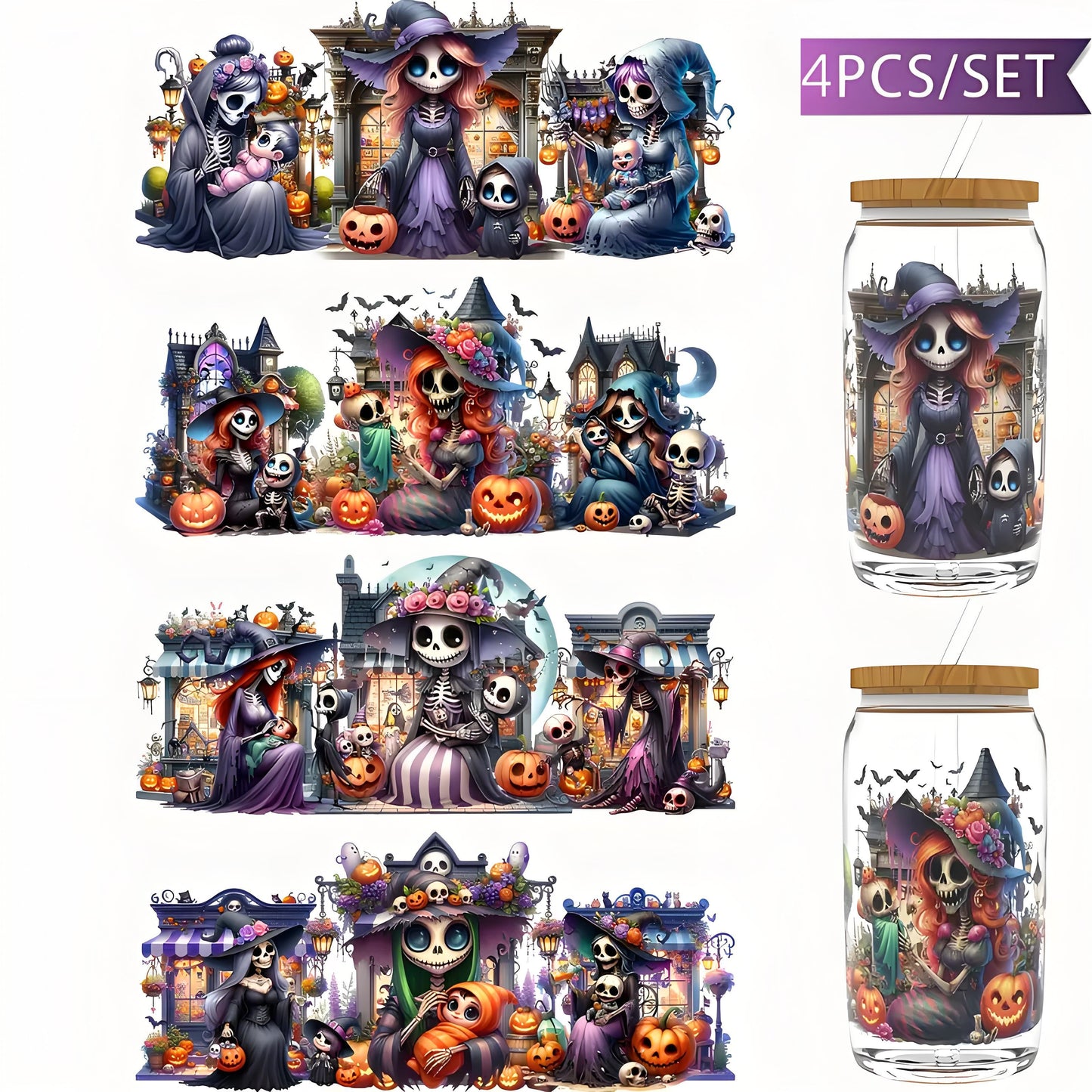 (4PCS/SET)Halloween Skull UV DTF Transfer Sticker Glass