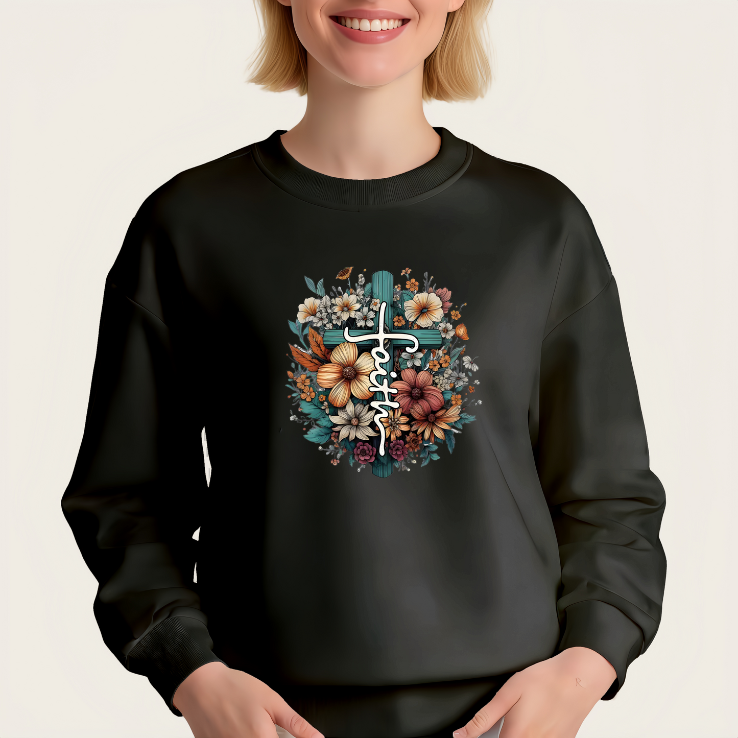 Colorful floral cross and "Faith" lettering iron-on transfer