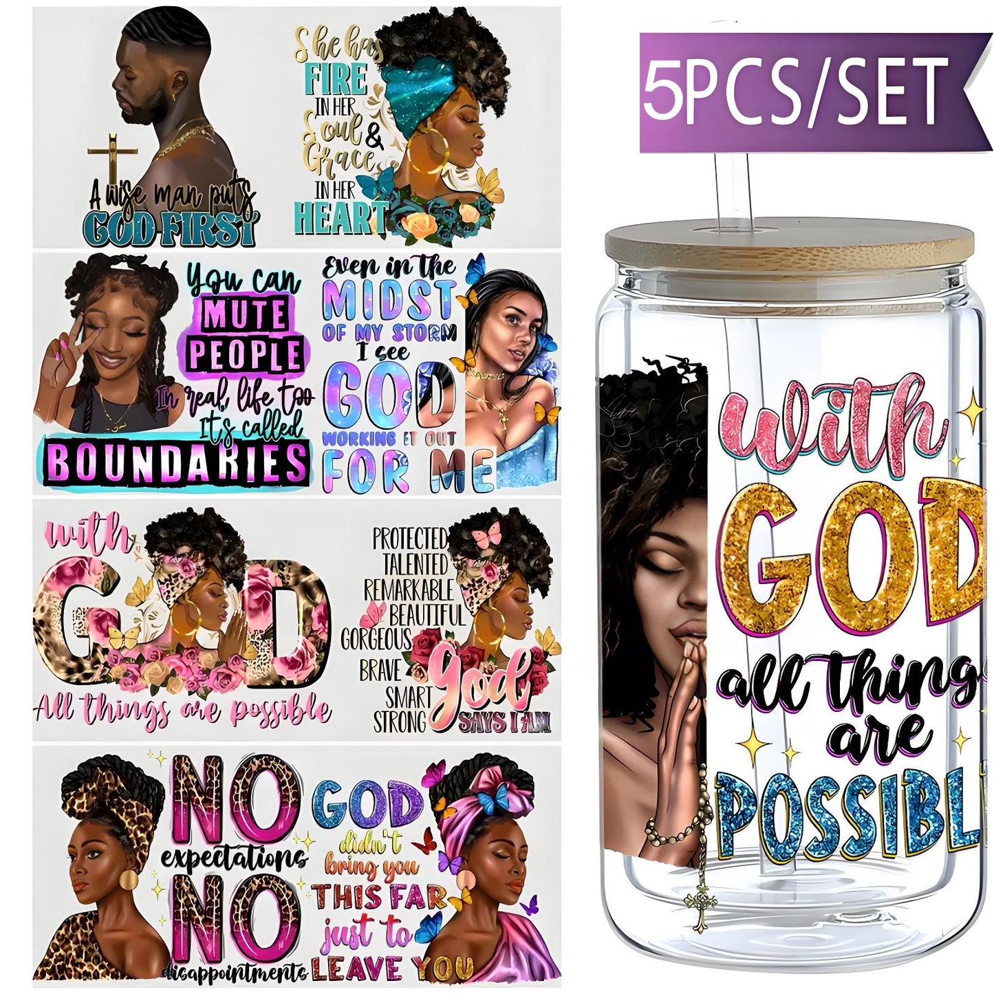 Inspirational Black Queen UV DTF glass packaging transfer sticker