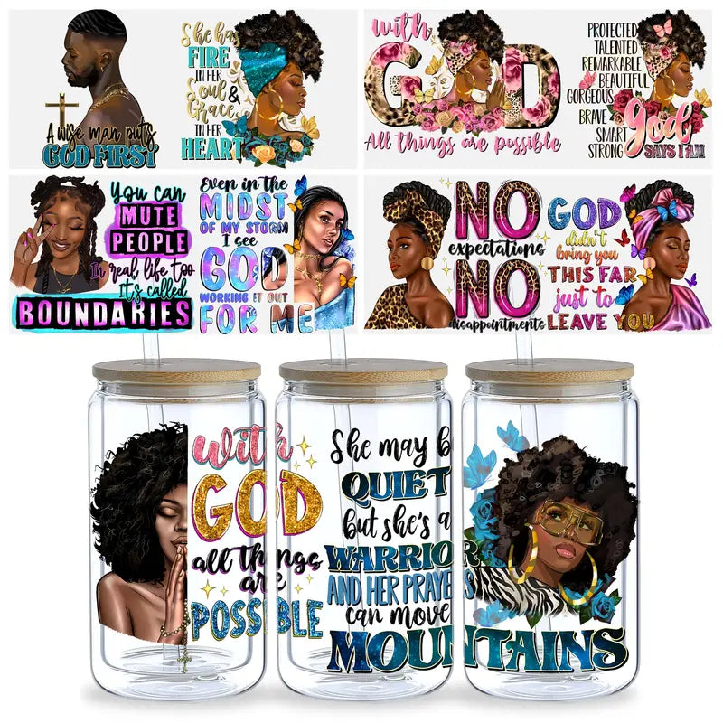 Inspirational Black Queen UV DTF glass packaging transfer sticker