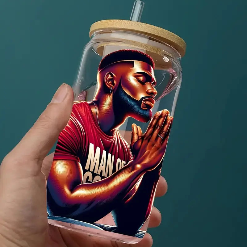 Prayer Men 16 oz Glass Jar Packaging Sticker Black Faith UV DTF High Self-adhesive Decorative Packaging Sticker