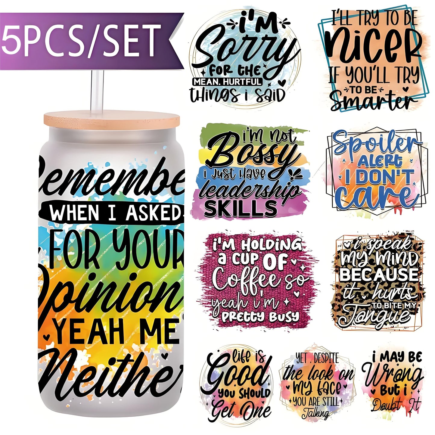 YVINNDY Watercolor Inspirational Quotes - 16oz UV DTF High Adhesion Self-Adhesive Stickers