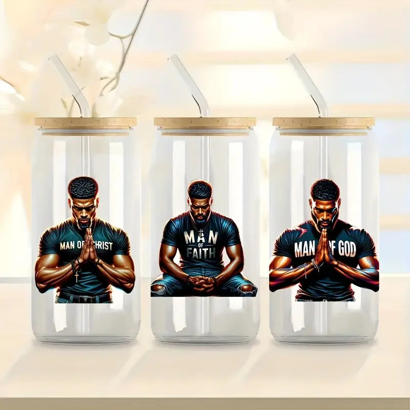 Prayer Men 16 oz Glass Jar Packaging Sticker Black Faith UV DTF High Self-adhesive Decorative Packaging Sticker
