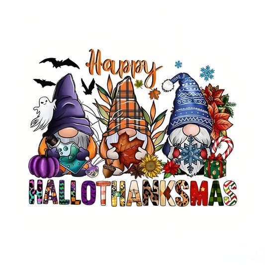 Heat transfer stickers with autumn gnomes, pumpkins, bats and leaves