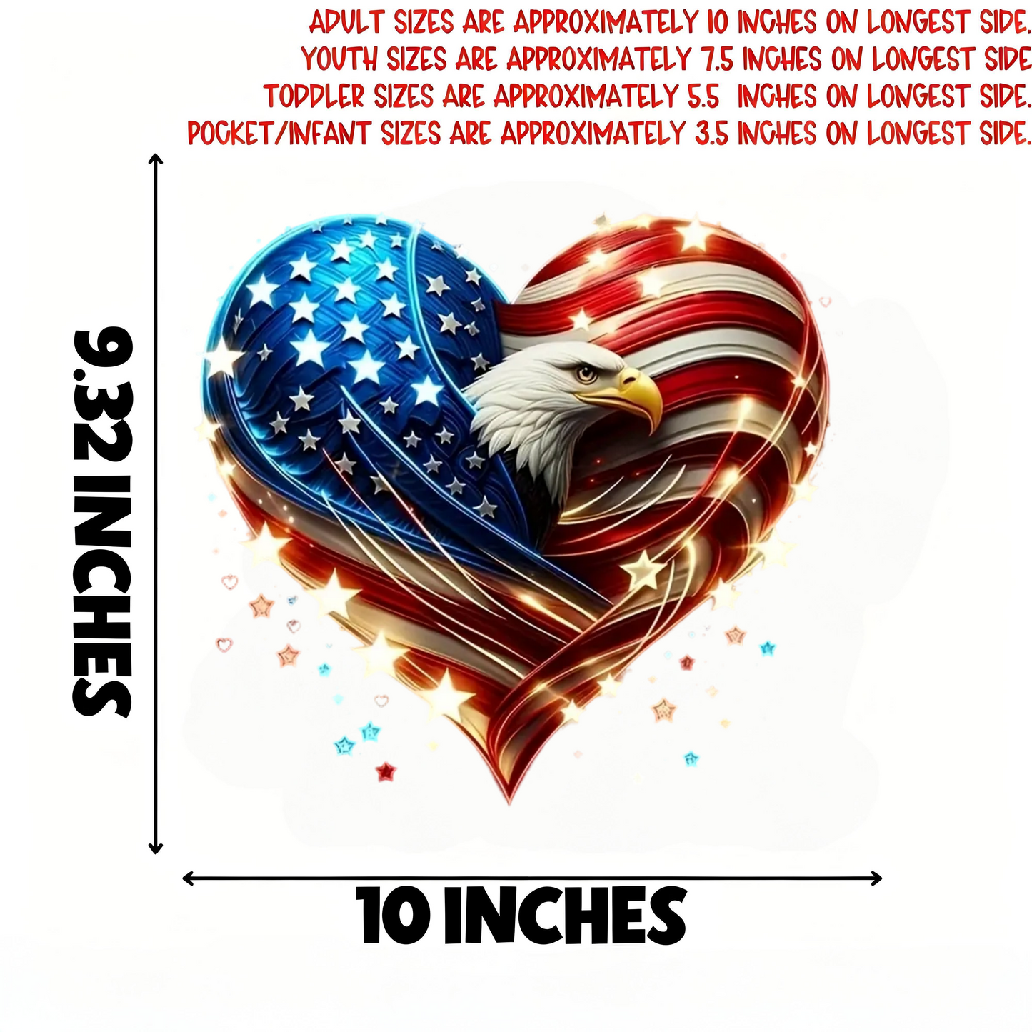 Patriotic Heart American Flag and Bald Eagle Iron-On Transfers