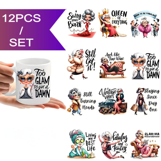 （12PCS/SET）Fashionable old lady DIY glass jar mug sticker UV DTF