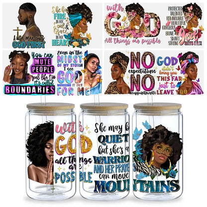 Inspirational Black Queen UV DTF glass packaging transfer sticker