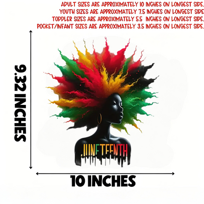 Vibrant Afrocentric design with bright 'Juneteenth' text iron-on transfer