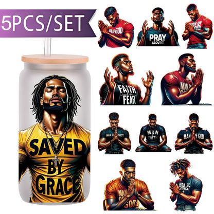 Prayer Men 16 oz Glass Jar Packaging Sticker Black Faith UV DTF High Self-adhesive Decorative Packaging Sticker