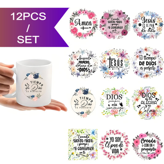 （12PCS/SET）Wreath text coffee cup UV DTF
